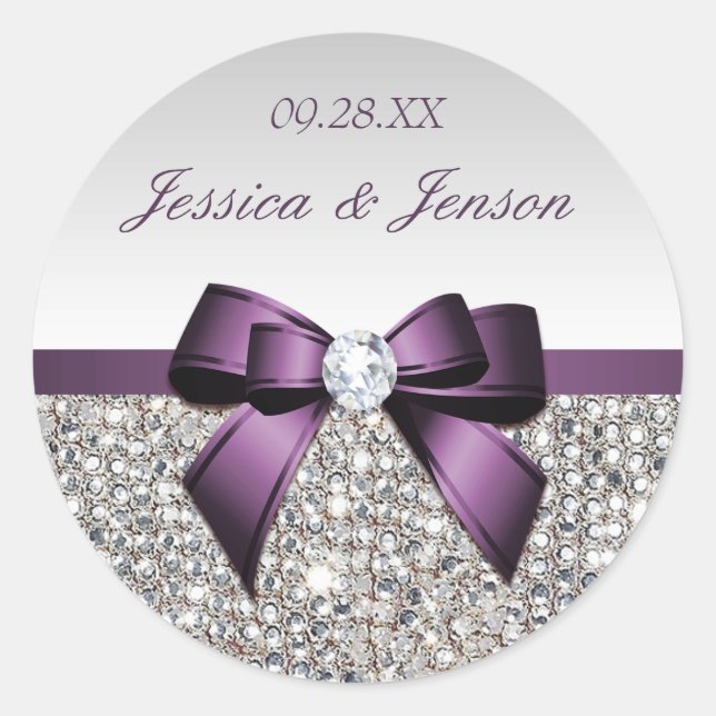 Silver Sequins Lila Bow and Diamond Wedding Runder Aufkleber (Vorderseite)