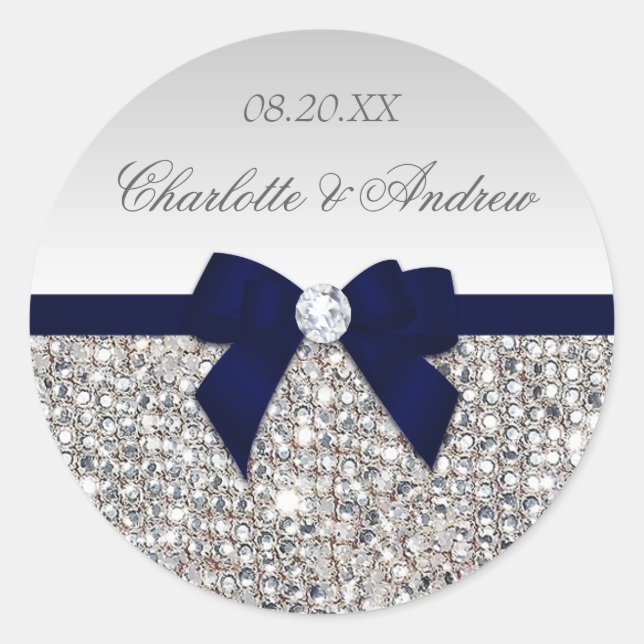 Silver Sequins Navy Bow und Diamond Wedding Runder Aufkleber (Vorderseite)