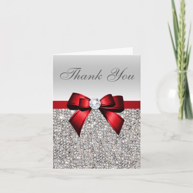 Silver Sequins Red Diamond Bow Vielen Dank Dankeskarte (Vorderseite)