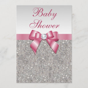 Silver Sequins und Bow Girls Pink Baby Dusche Einladung