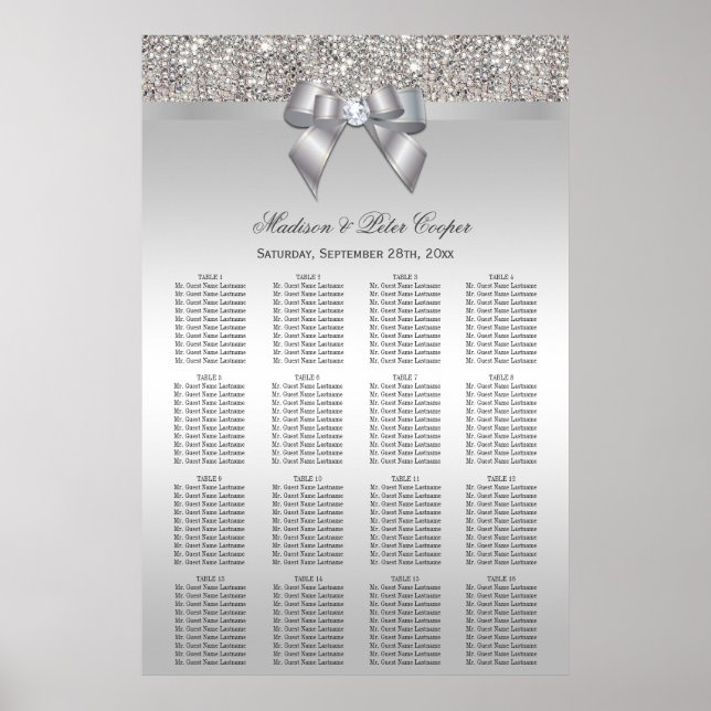 Silver Sequins und Bow Wedding Seating Chart Poster (Vorne)