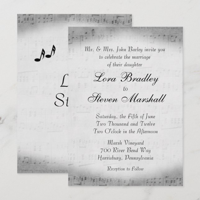 Silver Sheet Music Theme Wedding Einladung (Vorne/Hinten)