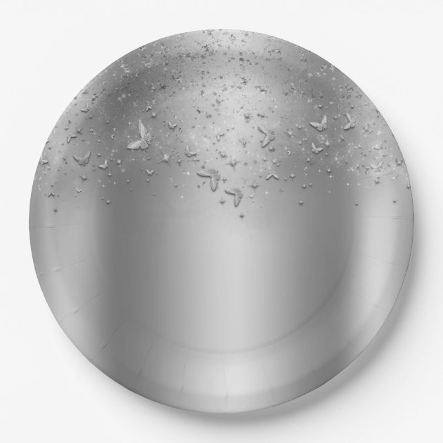 Silver Shimmer Flutter Schmetterling Sweet 16 Part Pappteller (Vorderseite)