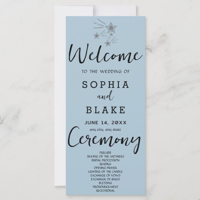 Silver Shooting Stars Blue Gray Wedding Program (Vorderseite)