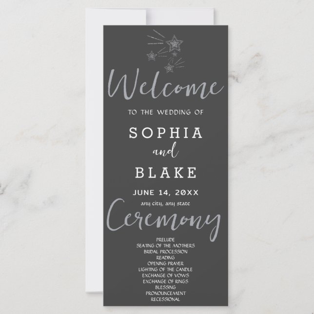 Silver Shooting Stars Gray Wedding Program (Vorderseite)