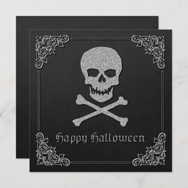 Silver Skull & Crossbones Halloween Grußkarte (Vorne/Hinten)