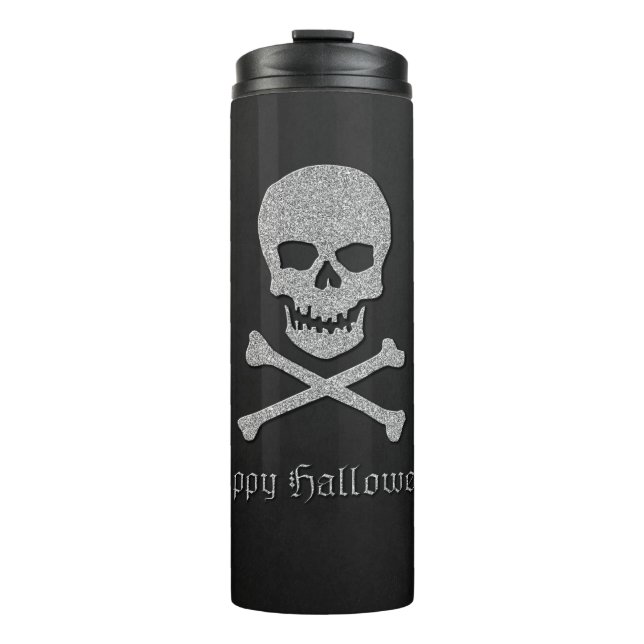 Silver Skull & Crossbones Halloween Thermosbecher (Vorderseite)