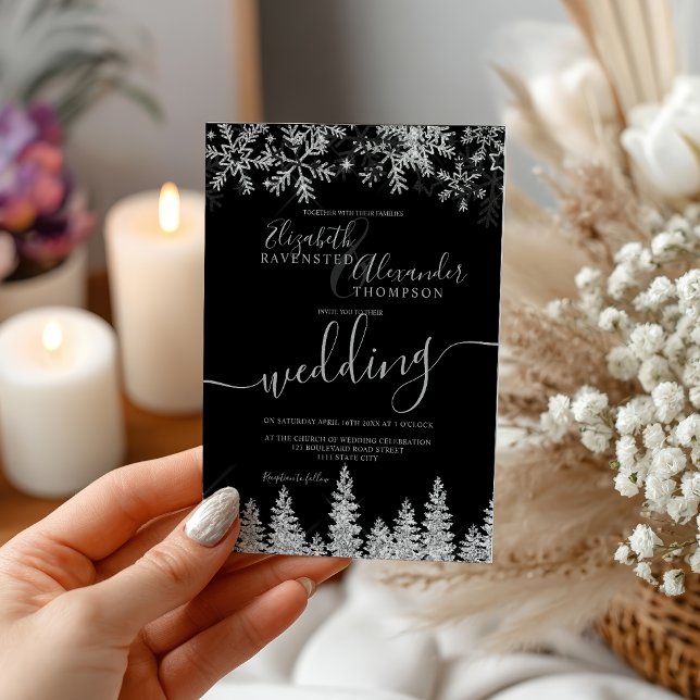 Silver snow pine black Christmas winter wedding Einladung (Silver snow pine black Christmas winter wedding Invitation)