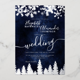 Silver Snow Pine Marine Weihnachts Winterhochzeit Folieneinladung