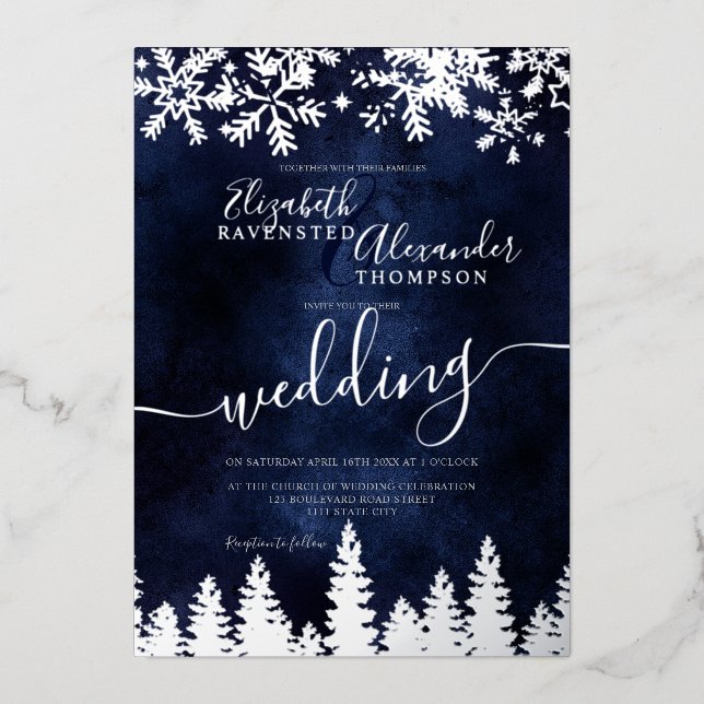 Silver Snow Pine Marine Weihnachts Winterhochzeit Folieneinladung (Vorderseite)