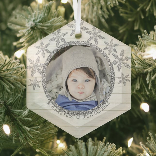 Silver Snowflake Chic Round Foto Christmas Ornament Aus Glas (Insitu)