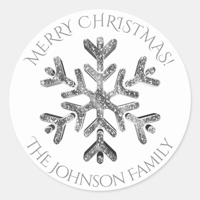 Silver Snowflake Eleganter Glitzer Weihnachten Runder Aufkleber (Vorderseite)