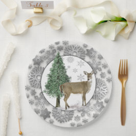 Silver Snowflake mit Whitetail Deer Holiday Pappteller