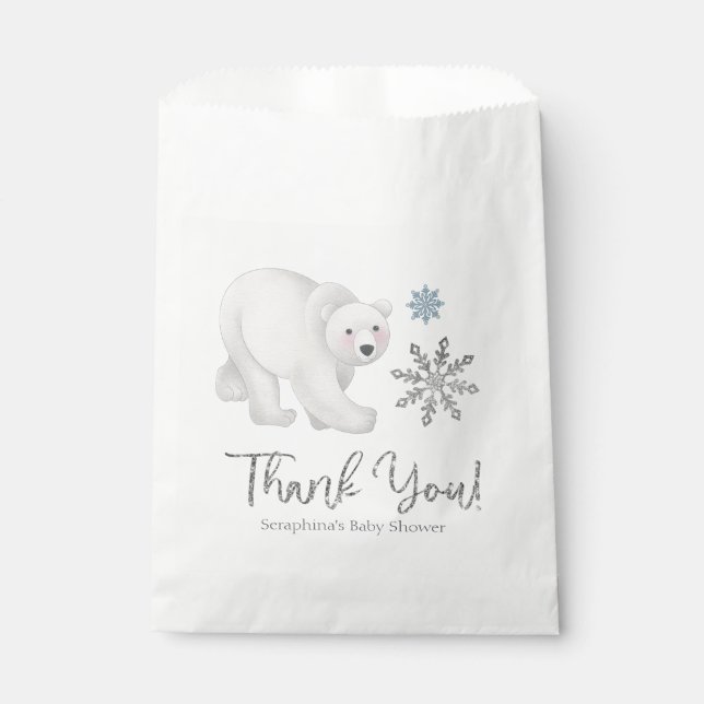 Silver Snowflake Polar Bear Baby Dusche Vielen Dan Geschenktütchen (Vorderseite)