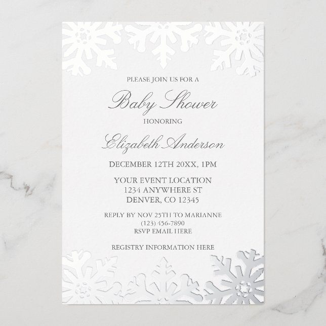 Silver Snowflake Winter Baby Dusche Folieneinladung (Vorderseite)