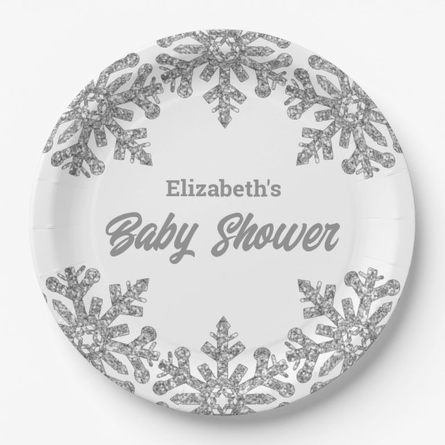 Silver Snowflake Winter Baby Dusche Pappteller (Vorderseite)