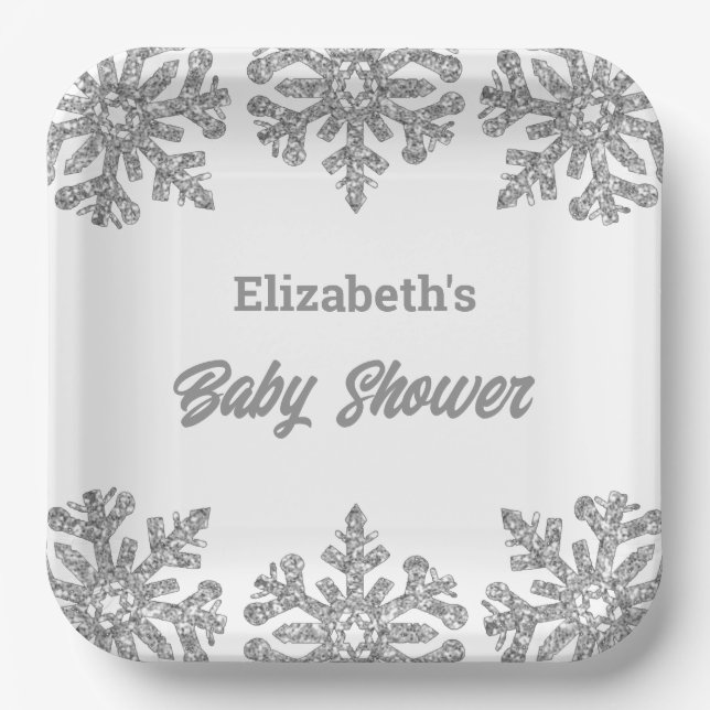 Silver Snowflake Winter Baby Dusche Pappteller (Vorderseite)