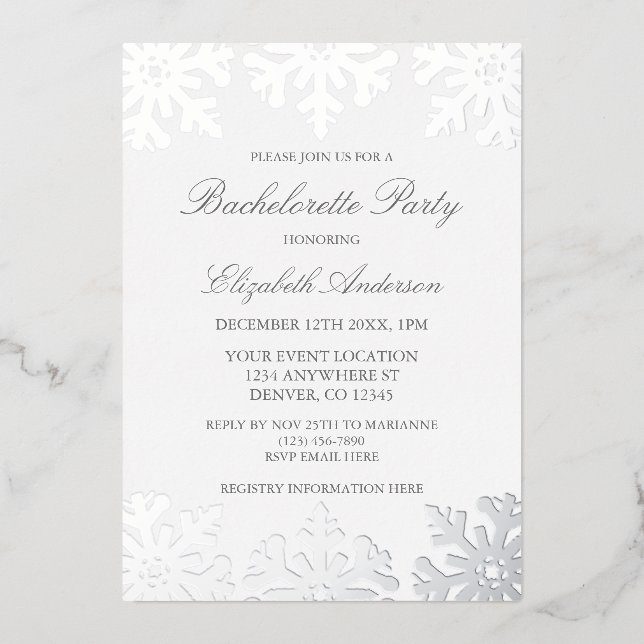 Silver Snowflake Winter Junggeselinnen-Abschied Folieneinladung (Vorderseite)