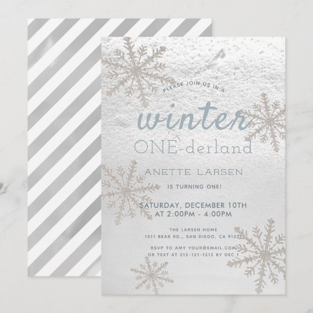 Silver Snowflake Winter Onederland 1. Geburtstag Einladung (Vorne/Hinten)