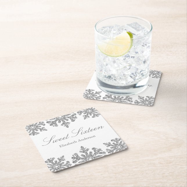 Silver Snowflake Winter Sweet 16 Rechteckiger Pappuntersetzer (Vor Ort)