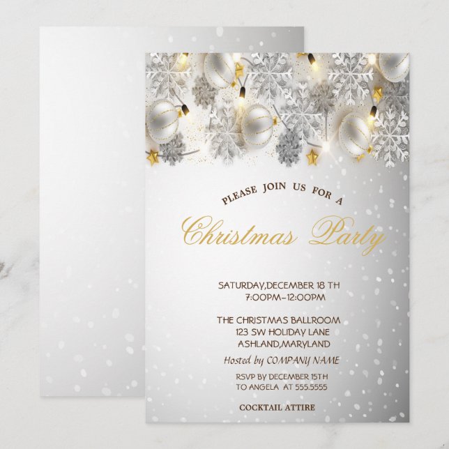 Silver Snowflakes, Balls Company Christmas Party Einladung (Vorne/Hinten)