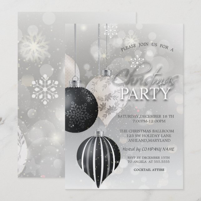 Silver Snowflakes, Balls Weihnachtsunternehmen Einladung (Vorne/Hinten)
