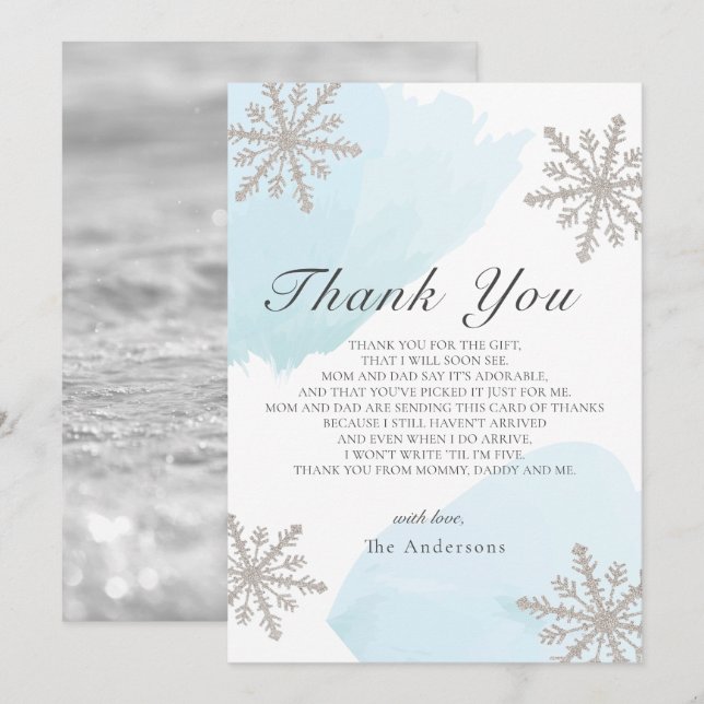 Silver Snowflakes Blue Baby Dusche Danke Karte (Vorne/Hinten)