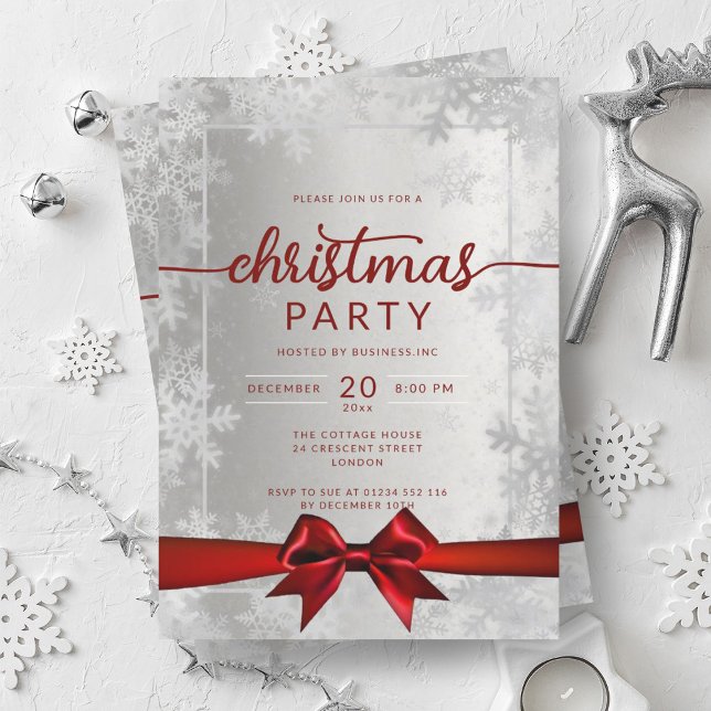 Silver Snowflakes Company Christmas Red Ribbon Einladung (Silver Snowflakes Company Christmas Red Ribbon Invitation)