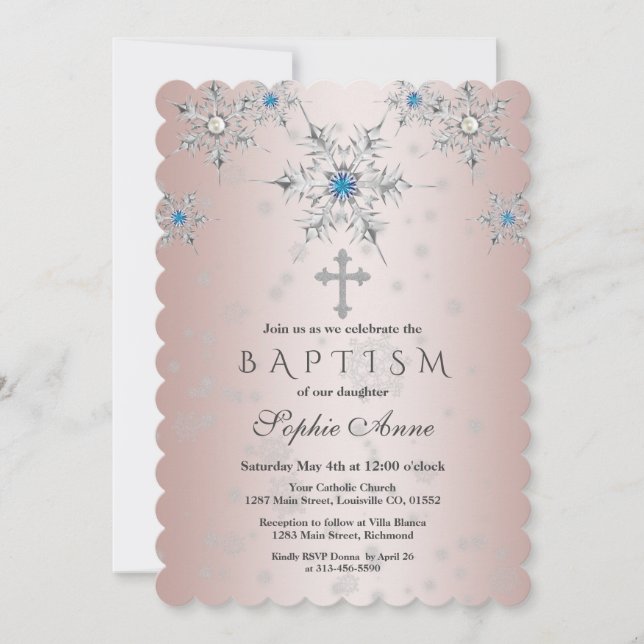 Silver Snowflakes Crystals Blue Pearl Pink Taufe Einladung (Vorderseite)