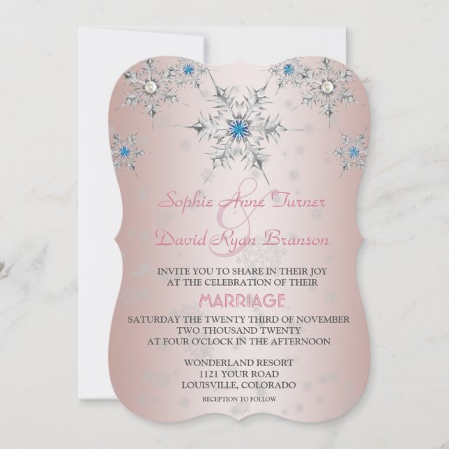 Silver Snowflakes Crystals Blue Pearl Pink Wedding Einladung (Vorderseite)