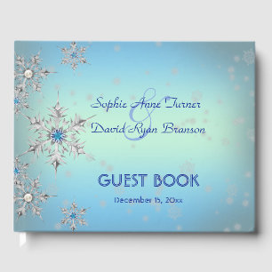 Silver Snowflakes Crystals Blue Pearls Hochzeit Gästebuch