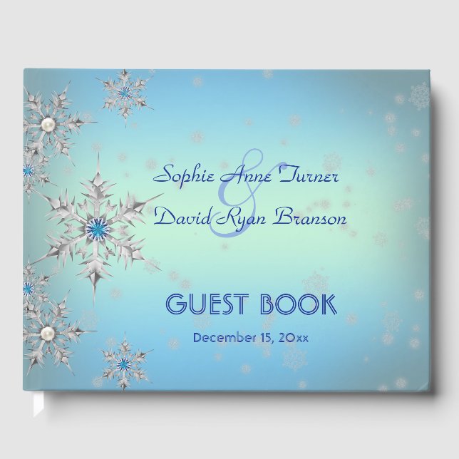 Silver Snowflakes Crystals Blue Pearls Hochzeit Gästebuch (Vorderseite)