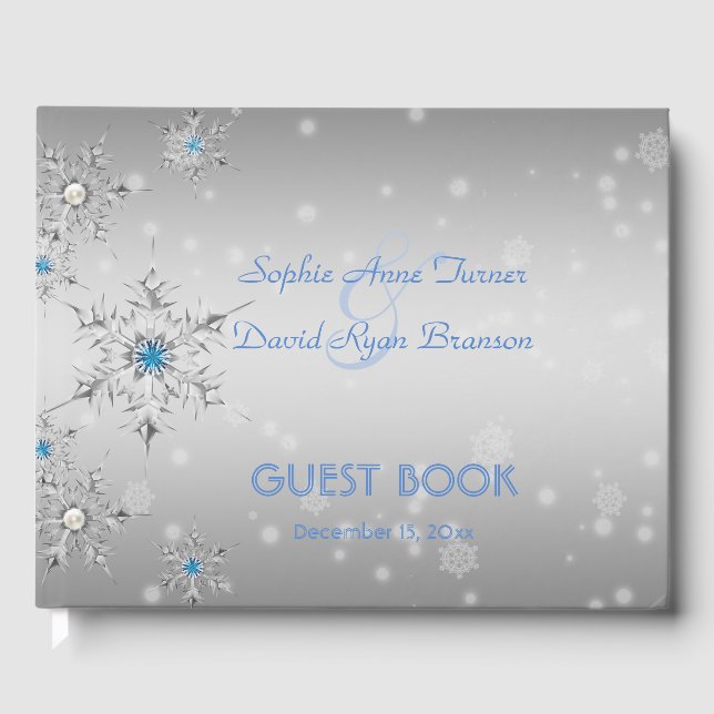 Silver Snowflakes Crystals Blue Pearls Hochzeit Gästebuch (Vorderseite)