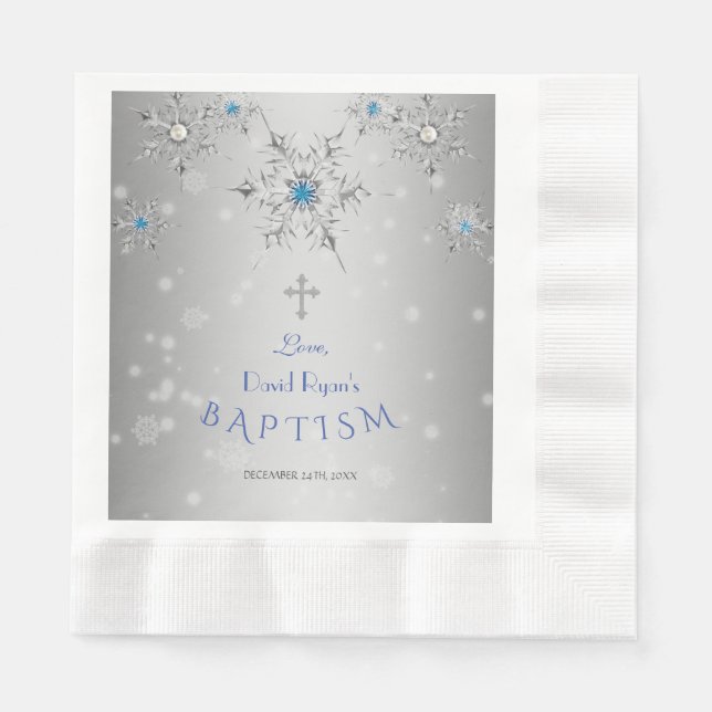 Silver Snowflakes Crystals Pearls Gray Boy Taufe Serviette (Vorderseite)