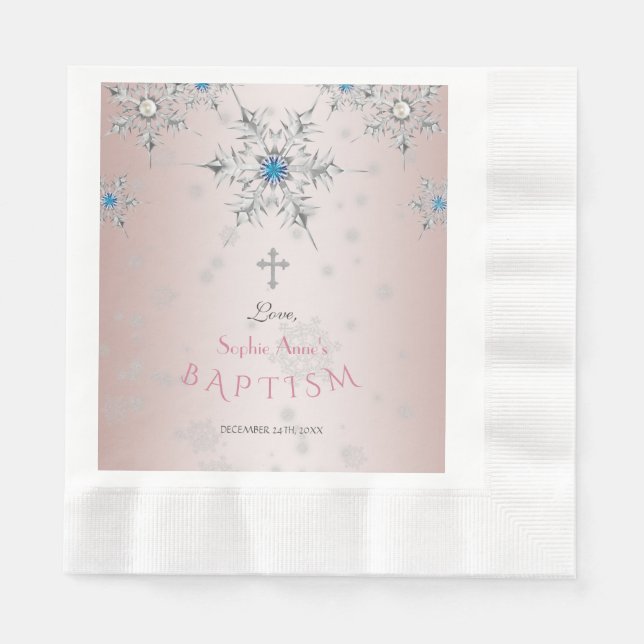 Silver Snowflakes Kristallwaren Pink Pearls Taufe Serviette (Vorderseite)
