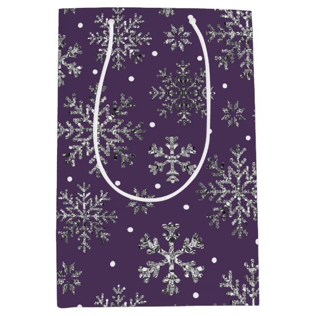 Silver Snowflakes Lila Muster Mittlere Geschenktüte (Vorderseite)