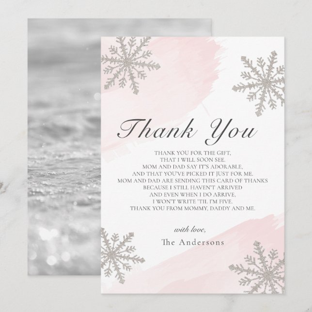 Silver Snowflakes Pink Baby Dusche Danke Karte (Vorne/Hinten)