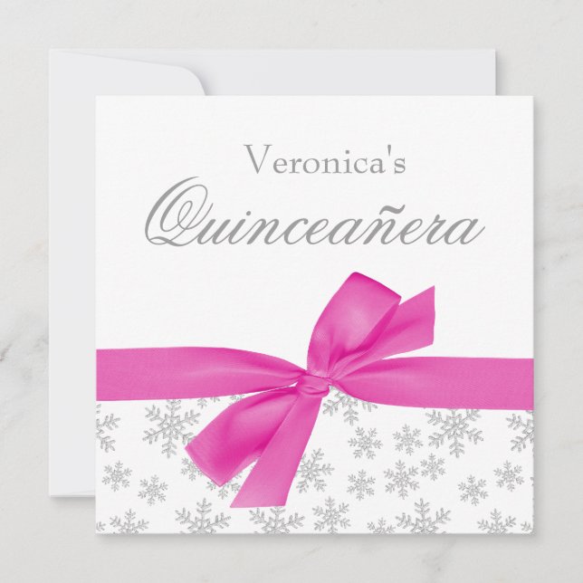 Silver Snowflakes Pink Bow Quinceanera Einladungen (Vorderseite)