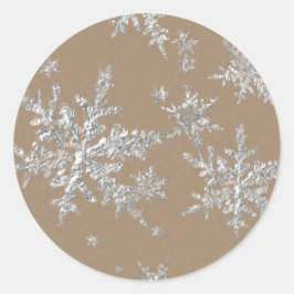 Silver Snowflakes Rustic Kraft Brown Runder Aufkleber