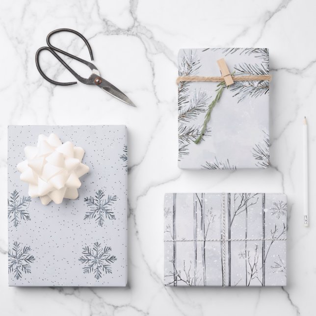 Silver Snowflakes Weihnachtsbaumzweige Geschenkpapier Set (Vorderseite)