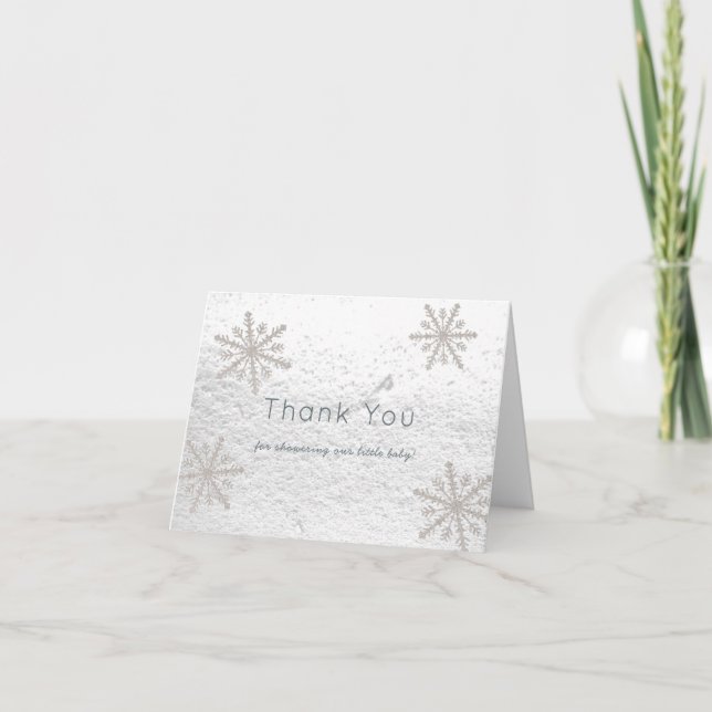 Silver Snowflakes White Snow Baby Dusche Dankeskarte (Vorderseite)