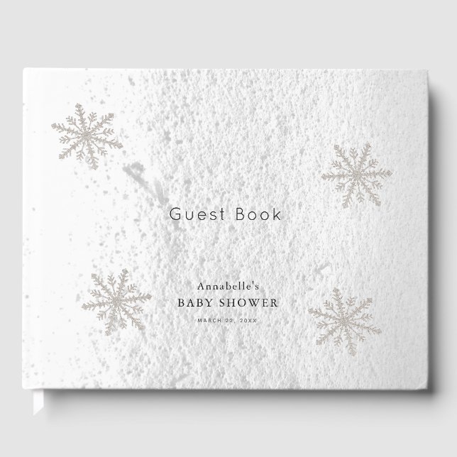 Silver Snowflakes White Snow Baby Dusche Gästebuch (Vorderseite)