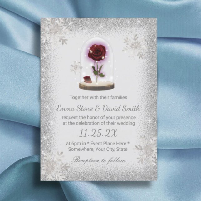 Silver Snowflakes Winter Wedding Beauty Rose Dome Einladung (Von Creator hochgeladen)