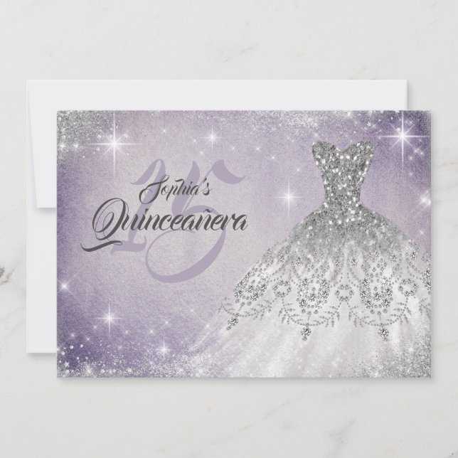 Silver Soft Lila Lace Diamond Gown Quinceanera Einladung (Vorderseite)