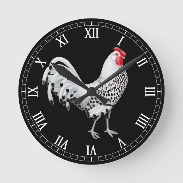 Silver Spangled Hamburg Rooster Wall Clock Runde Wanduhr (Vorderseite)