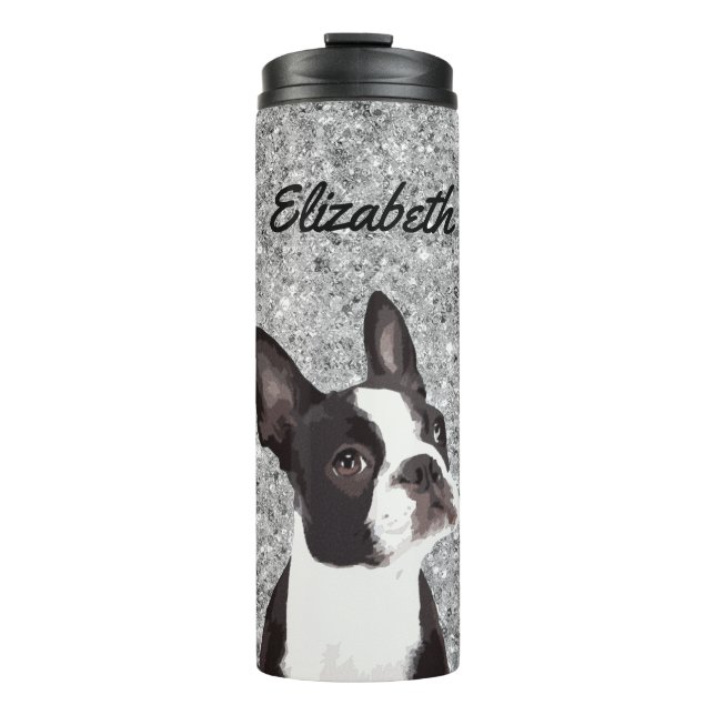 Silver Sparkle Boston Terrier Dog Tiername Thermosbecher (Vorderseite)