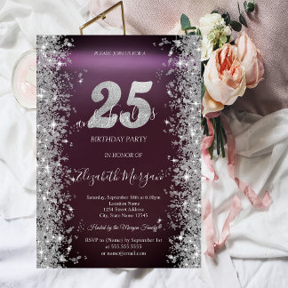 Silver Sparkle Diamonds Burgundy 25. Geburtstag Einladung
