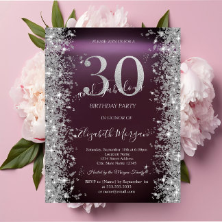 Silver Sparkle Diamonds Burgundy 30. Geburtstag Einladung