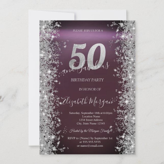Silver Sparkle Diamonds Burgundy 50. Geburtstag Einladung (Vorderseite)