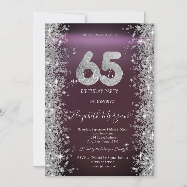 Silver Sparkle Diamonds Burgundy 65. Geburtstag Einladung (Vorderseite)